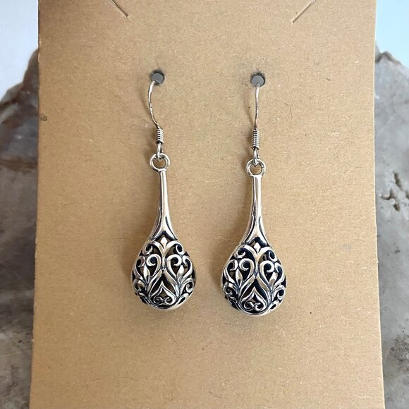 Sterling Silver 925 Hollow Pierced Filigree Scrollwork Teardrop Dangle Earrings - Picture 6 of 15
